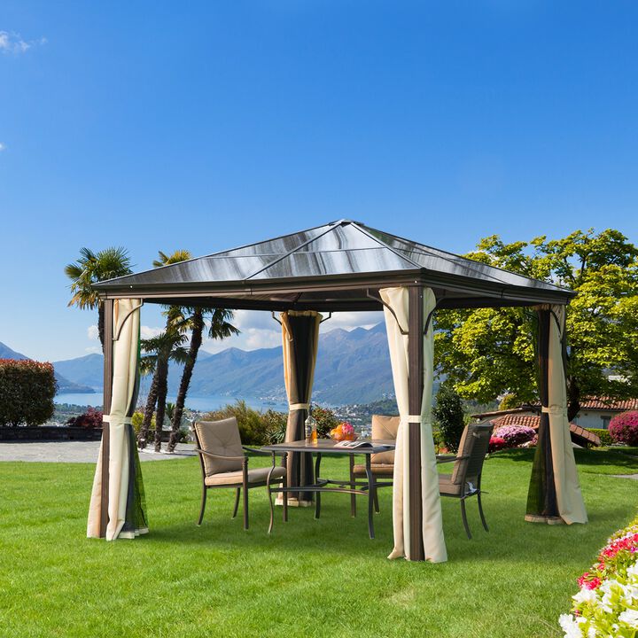 Durable Outdoor Shelter: 10x10 Beige Hardtop Gazebo with Curtains & Netting