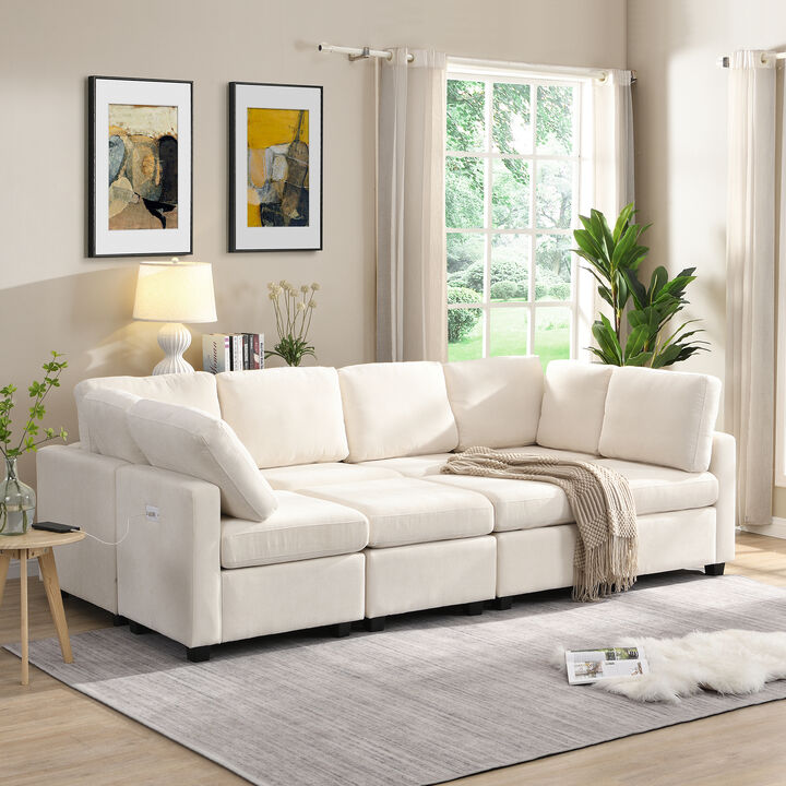 103" Sectional Sofa Couch Sofa Bed U-shaped Sofa with Two Movable Ottoman and Three USB Ports for Living Room, Grey