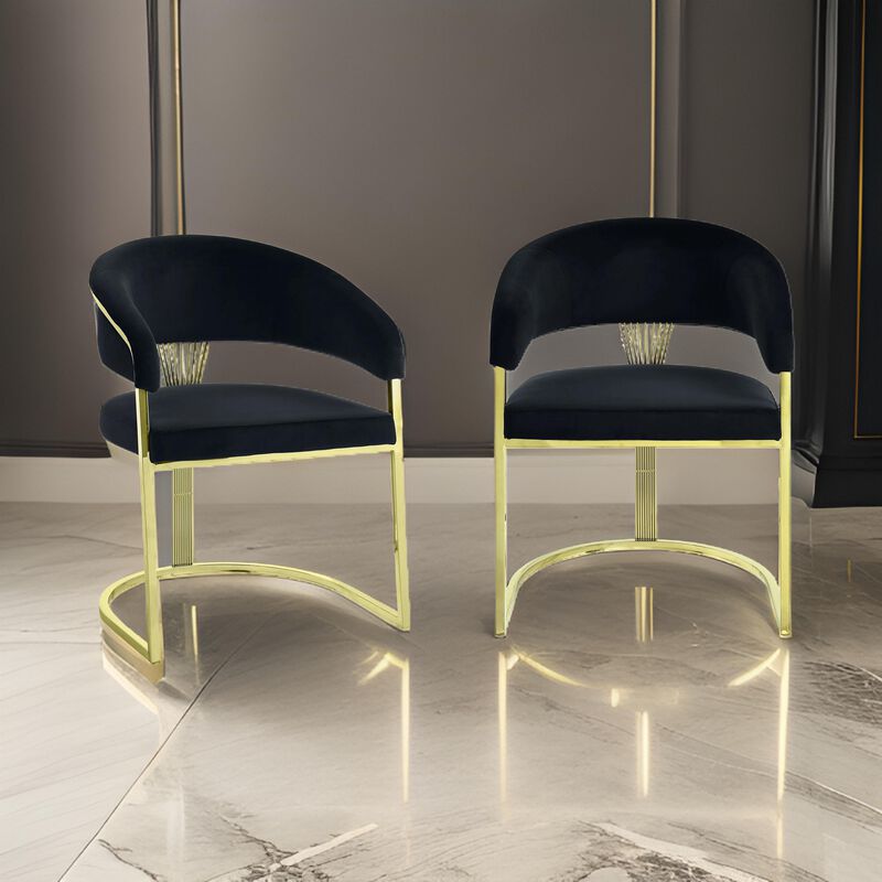 Verie 22 Inch Side Dining Chair, Gold Base, Padded Black Velvet - Benzara