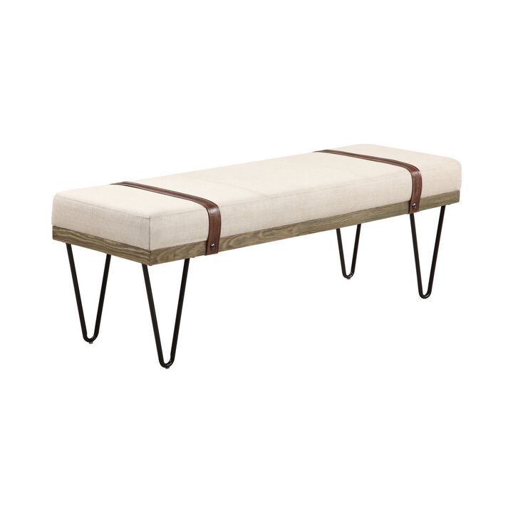 47 Inch Accent Bench, Faux Leather Straps, Black Hairpin Legs, Beige Fabric-Benzara
