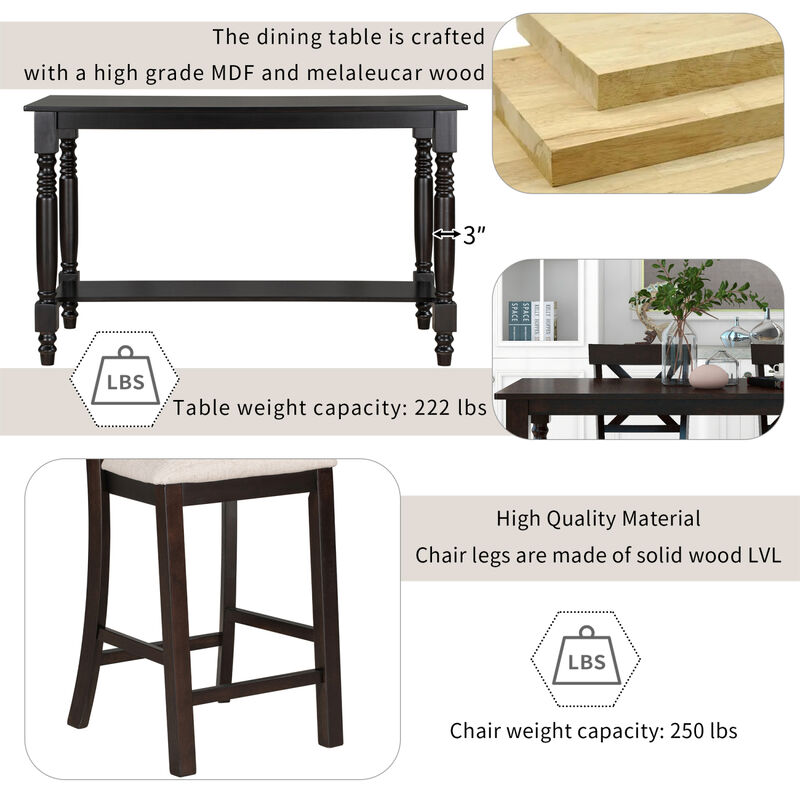 6-Piece Counter Height Dining Table Set Table with Shelf 4 Chairs and Bench