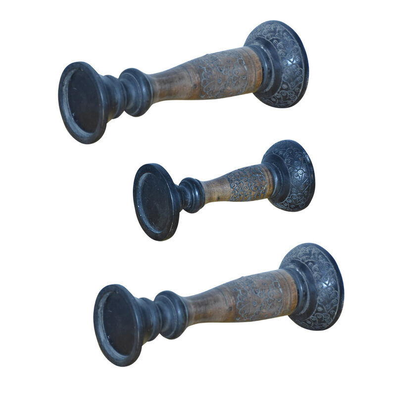 Traditional Black Wash Eco-friendly Handmade Mango Wood Set Of Three 12",9" & 12" Pillar Candle Holder