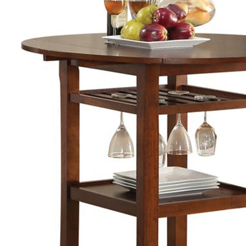 Round Top Wooden Counter Table with Stemware Rack and 2 Drop Leaves, Brown-Benzara
