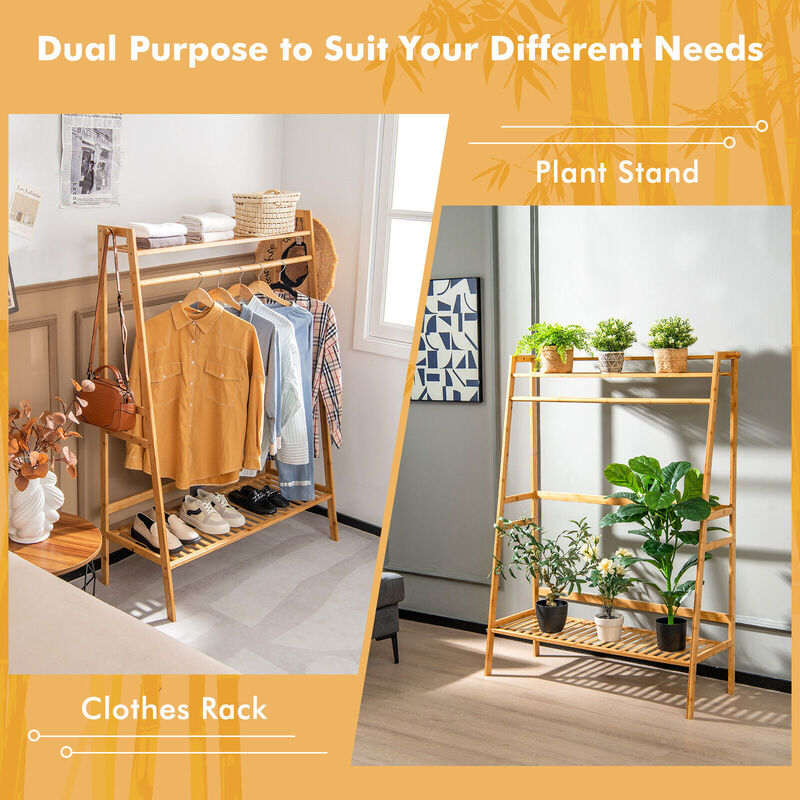 Bamboo Clothing Rack with Storage Shelves-Natural