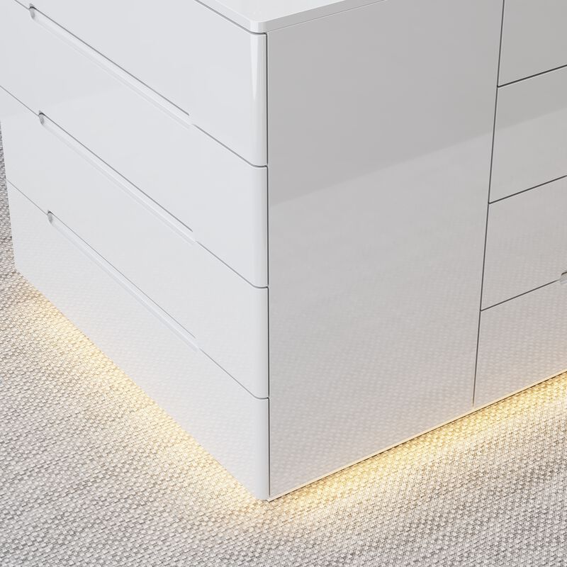 Armoire Bedroom Island with LED Light, Glass Tabletop & Storage Organizer, Wardrobe Closet with 16 Handle-Less Drawers, Walk-in Closet Island Dresser for Bedroom Shops, White