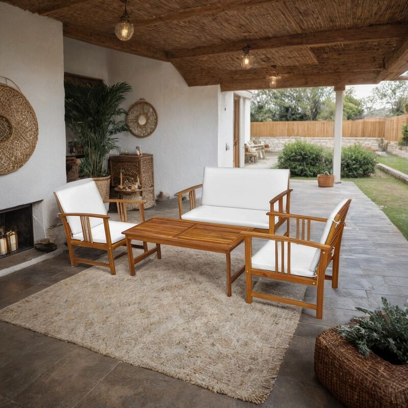 Roma 4pc Modular Outdoor Sofa and Table Set, Brown Acacia Wood, White - Benzara