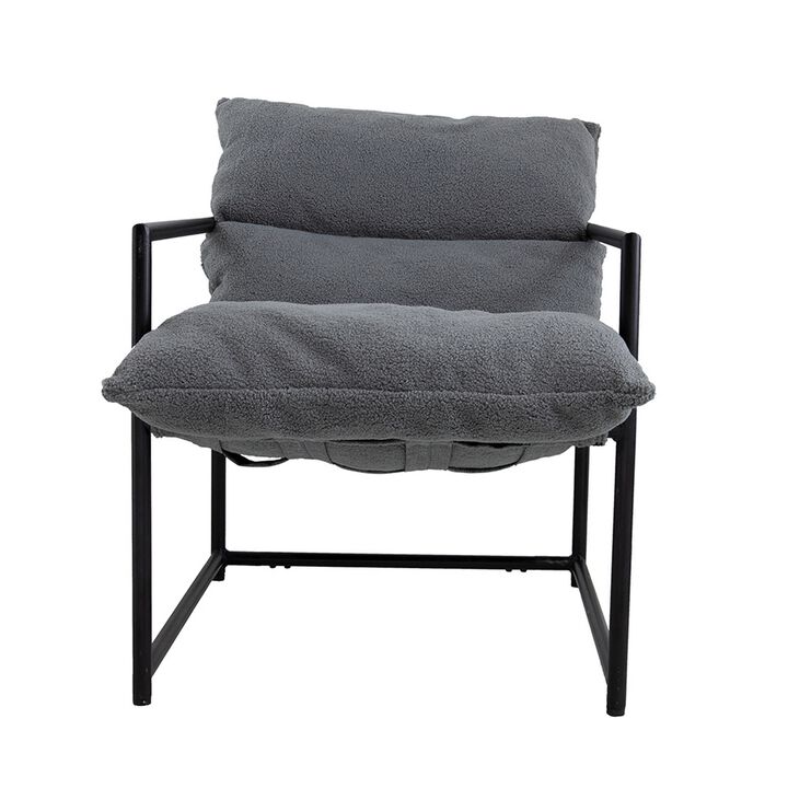 26 Inch Accent Chair with Cushion, Black Iron, Light Gray Faux Leather - Benzara