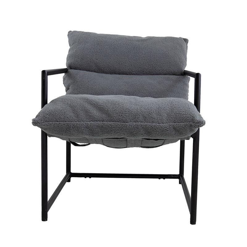 26 Inch Accent Chair with Cushion, Black Iron, Light Gray Faux Leather - Benzara