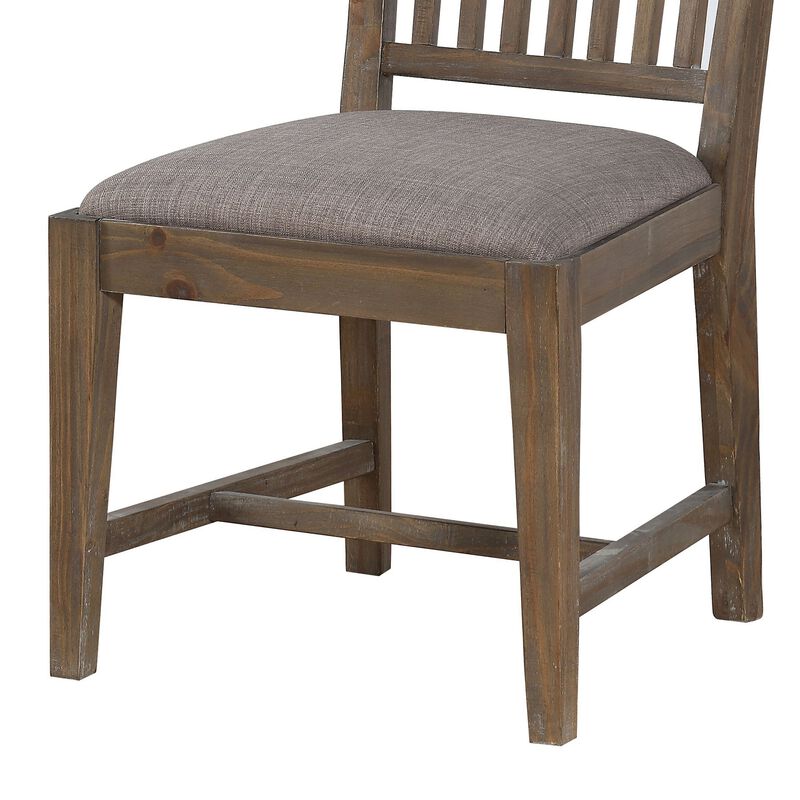 Wooden Chair with Fabric Upholstered Seat and Slat Style Back, Set of 2, Oak Brown and Gray - Benzara