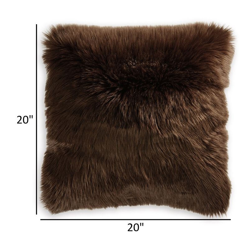 Throw Pillow Set of 4, 20 Inch, Faux Fur Polyester, Plush Textured Brown -