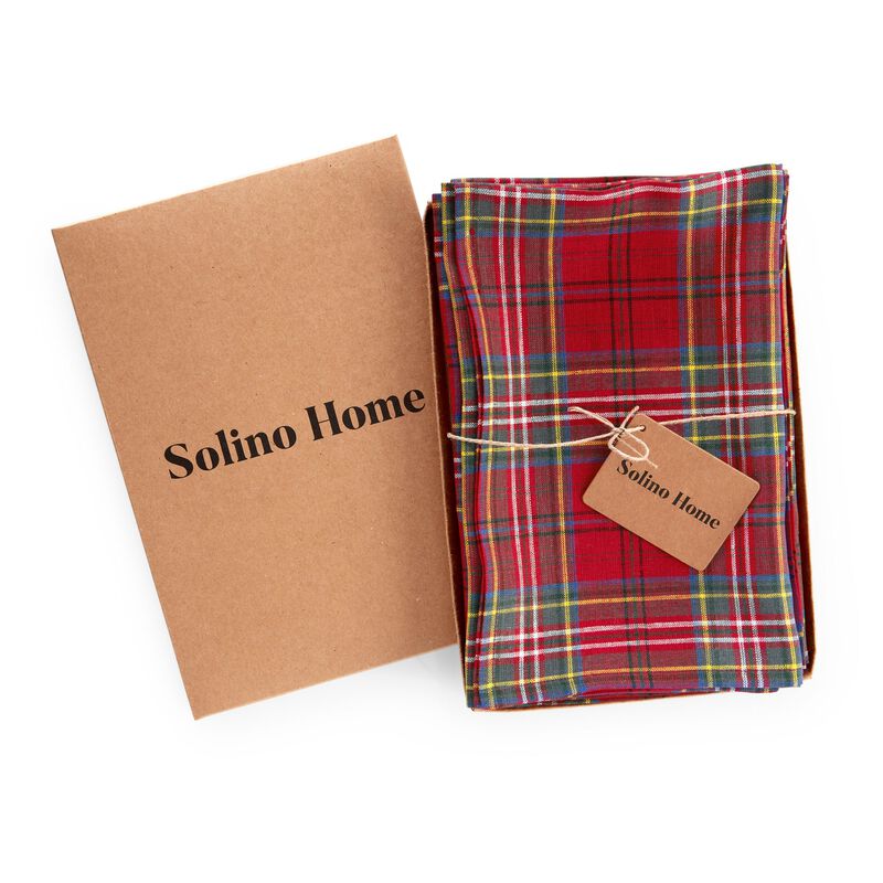 Solino Home 100% Pure Linen Red Dinner Napkins 20 x 20 Inch Set of 4 | Classic Tartan Plaid