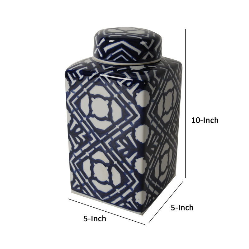 10 Inch Lidded Jar, Porcelain Construction, Deep Blue Graphic Trellis-Benzara