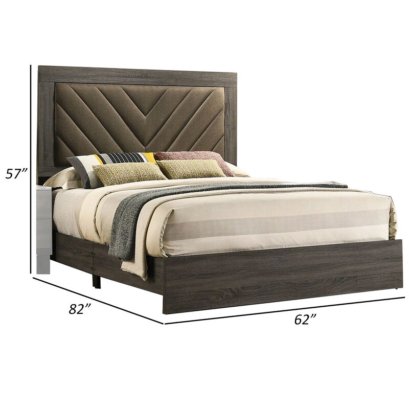 Cato Upholstered Queen Size Bed, Chevron Tufted Brown Headboard, Dark Gray  - Benzara