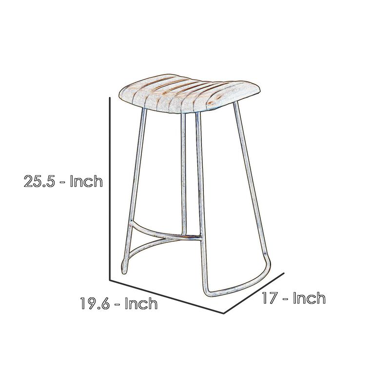 Counter Stool with Leatherette Vertical Channel Stitching, Brown and Antique Brass - Benzara