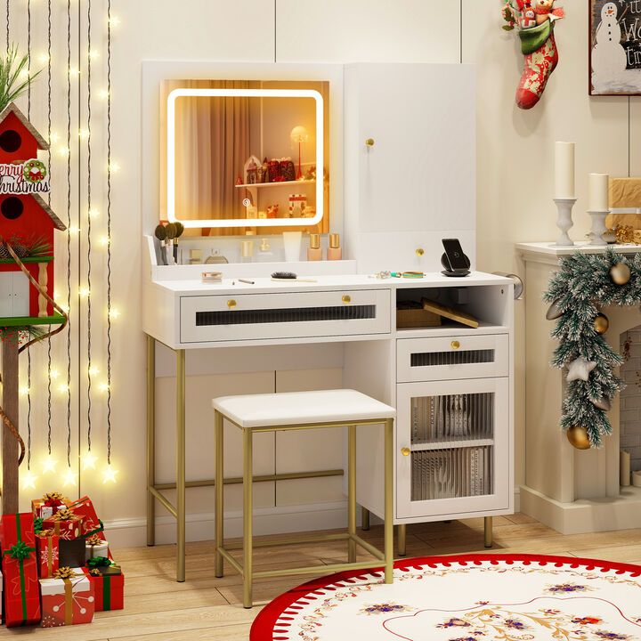 Modern Makeup Vanity Desk with Mirror and Lights and Stool Set