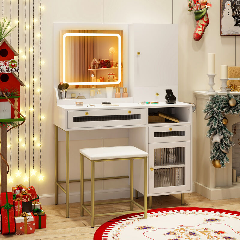 Modern Makeup Vanity Desk with Mirror and Lights and Stool Set