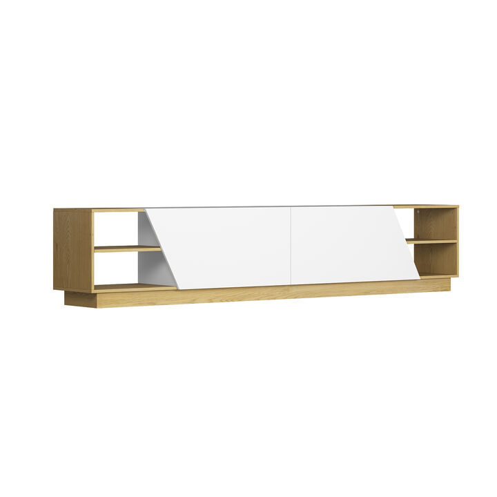 White/Oak Wood TV Media Console Entertainment Center with Doors, Open Shelf, Cable Management, Fits TV's up to 100 in.