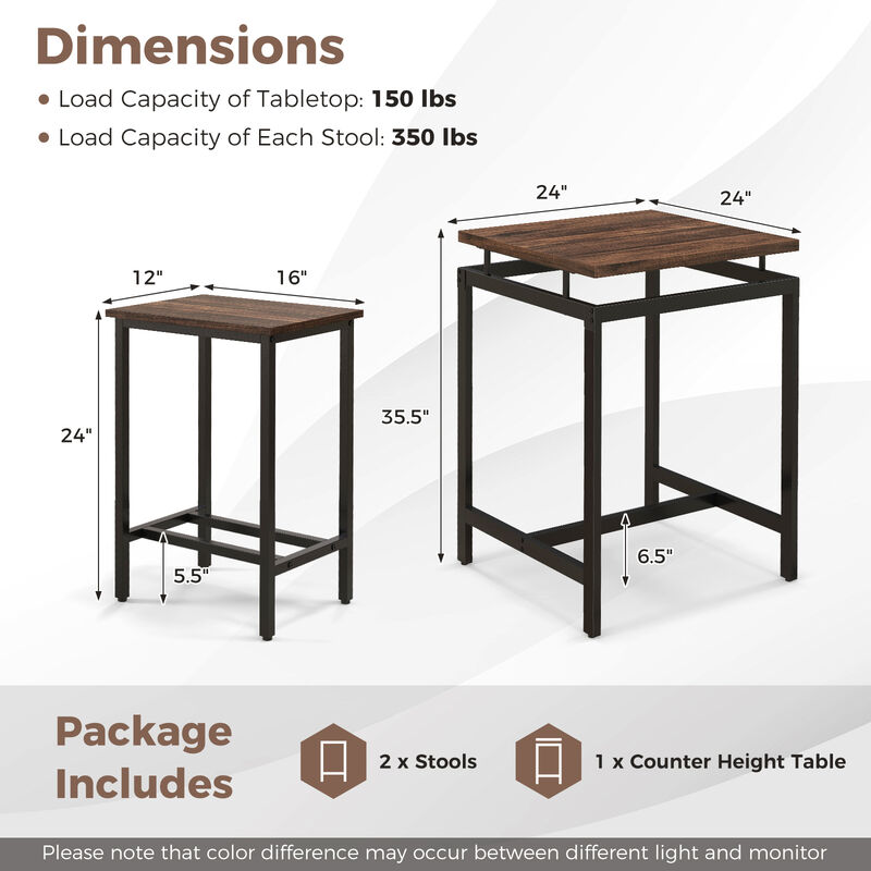 3 Pieces Pub Dining Table Set with Floating Tabletop and Footrest