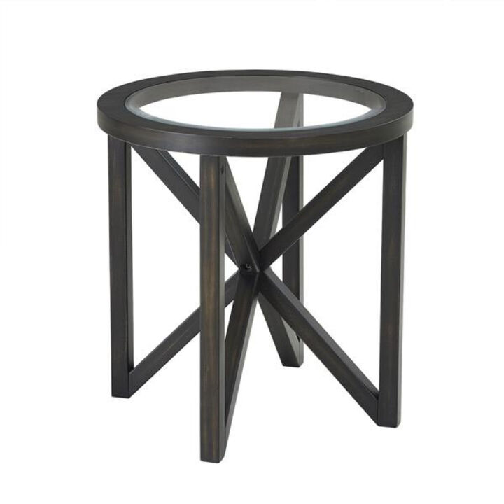 Modern Round Glass Coffee Table with Solid Wood Base for Living Room