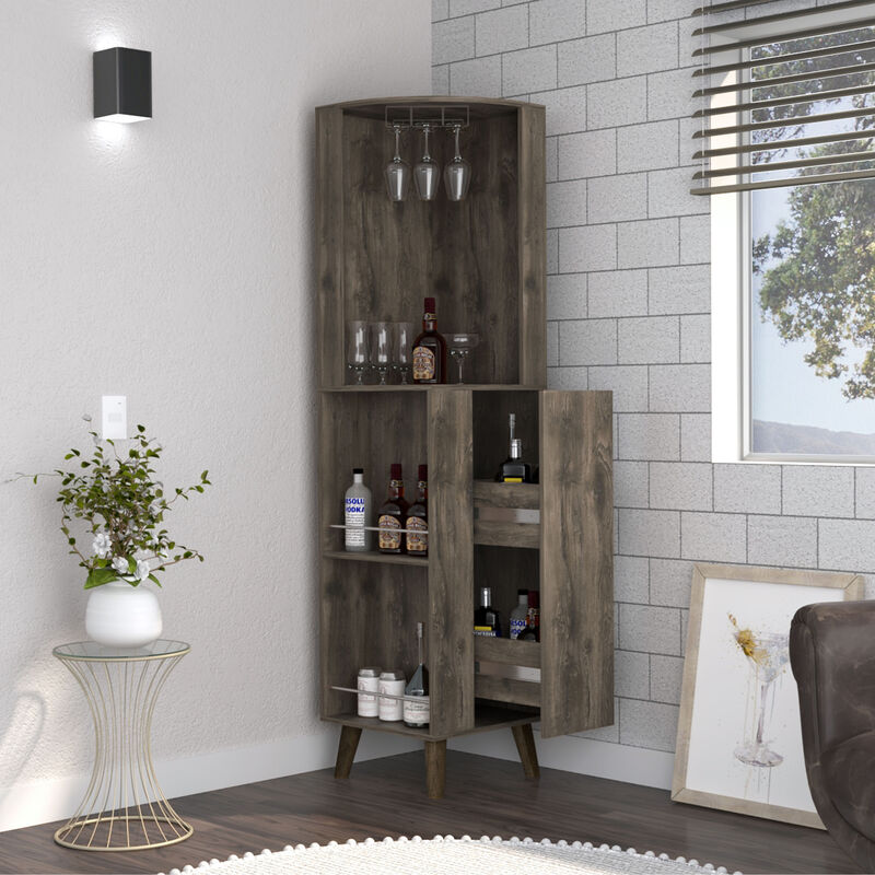 DEPOT E-SHOP Jaipur Corner Bar Cabinet, Two External Shelves, One Drawer, Two Interior Shelves, Dark Brown