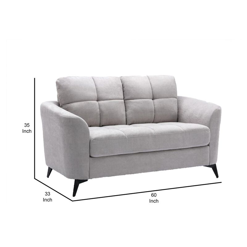 Odin 60 Inch Modern Loveseat, Tufted Cushions, Light Gray Velvet Upholstery-Benzara