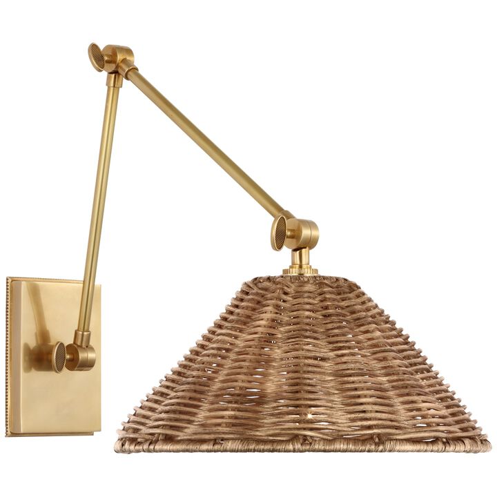 Wimberley Double Library Wall Light in Soft Brass with Natural Wicker Shade