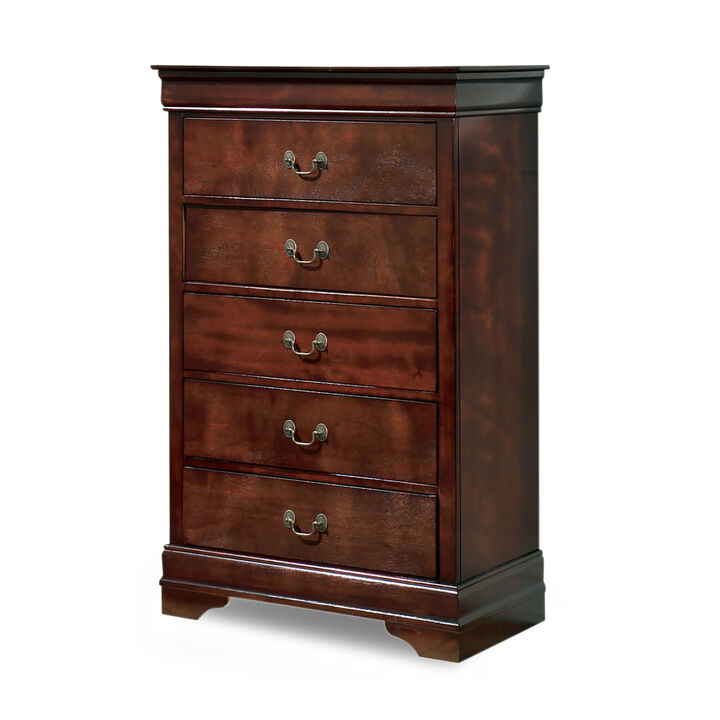 Deyr Tall Dresser Chest, 5 Drawer Bronze, Louis Philippe Molding Brown - Benzara