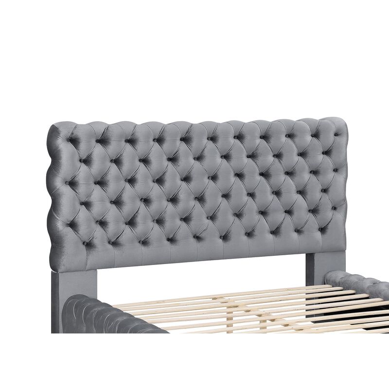 Benjara James King Size Bed, Platform Style, Button Tufted Gray Velvet Upholstery