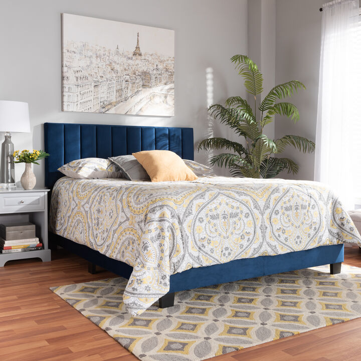 Baxton Studio Clare Velvet Upholstered Queen Size Panel Bed with Channel Tufted Headboard