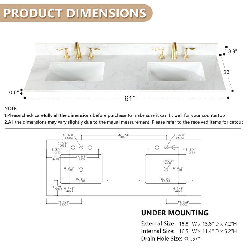Altair Ceres 61 in. Engineered Stone Vanity Top in Grain White with Double White Sink