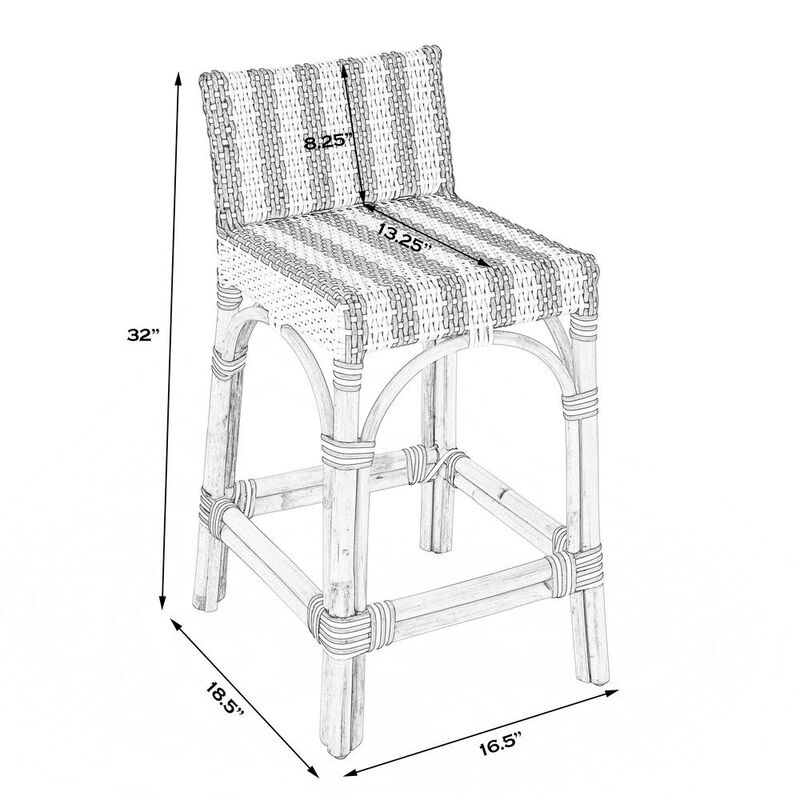 Butler Specialty Rectangular Rattan Low Back 24.5Counter Stool, White and Navy Stripe