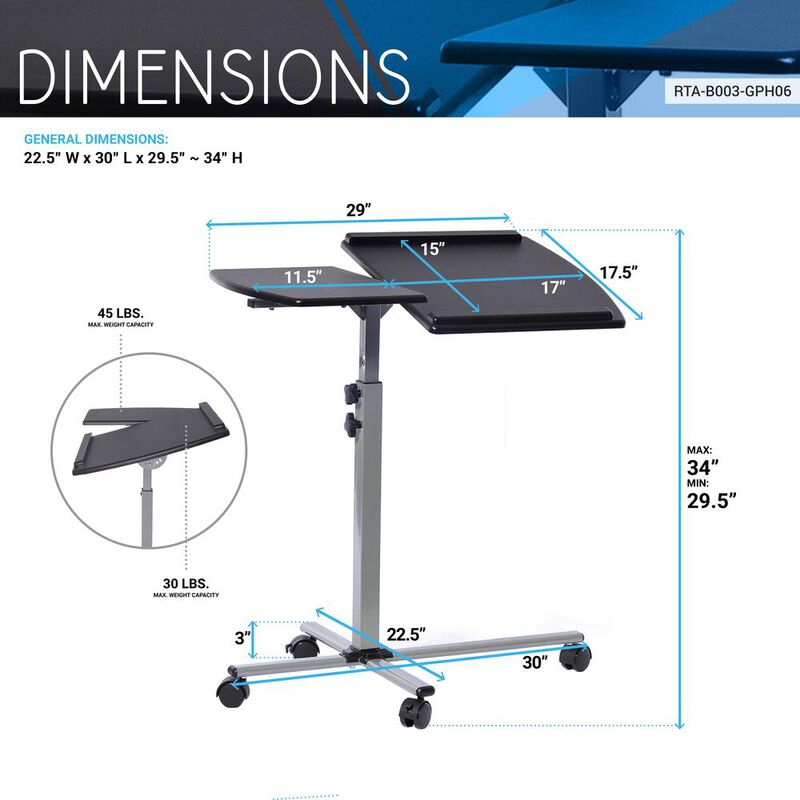 Techni Mobili Rolling Adjustable Laptop Cart. Color: Graphite