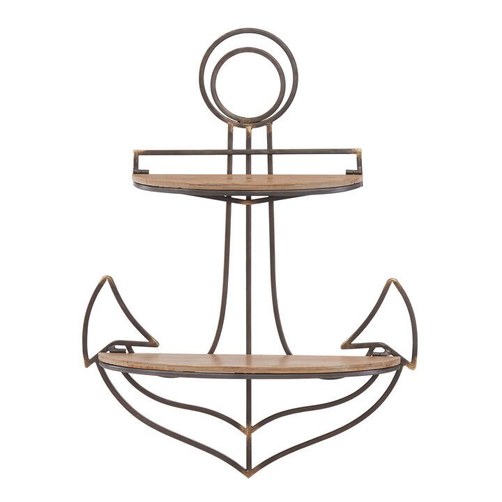 Nautical Themed Anchor Shaped 2-Tier Metal and Wood Wall Shelf