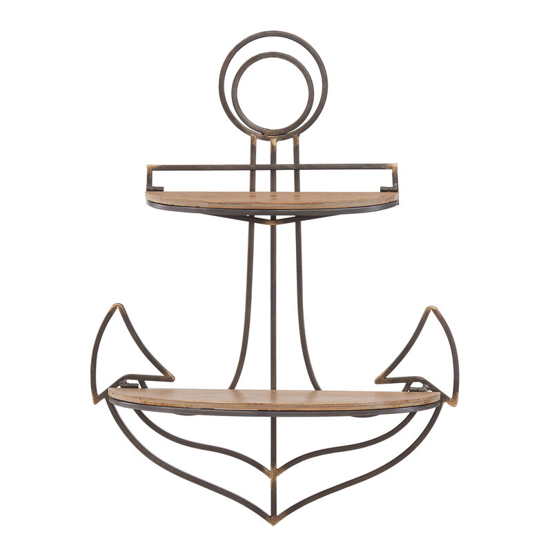 Nautical Themed Anchor Shaped 2-Tier Metal and Wood Wall Shelf