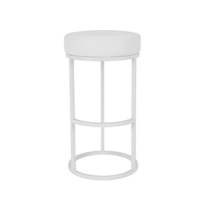 Tane 30 Inch Bar Stool, Round Padded Seat, White Faux Leather, Metal - Benzara