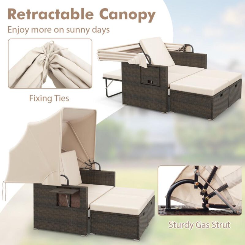 Hivvago Outdoor Patio Rattan Daybed with Retractable Canopy and Adjustable Backrests