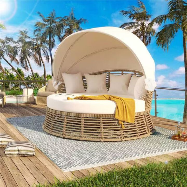 Whisen Outdoor Patio Rattan Round Daybed with Retractable Canopy, Poolside Sofa Sunbed with Removable Cushions - Beige