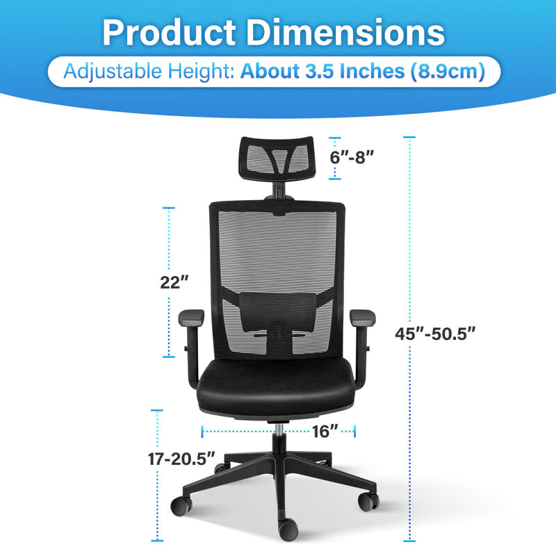 Office Ergonomic Mesh Computer Chair With Wheels & Arms & Lumbar Support, 02B, Black-Pro