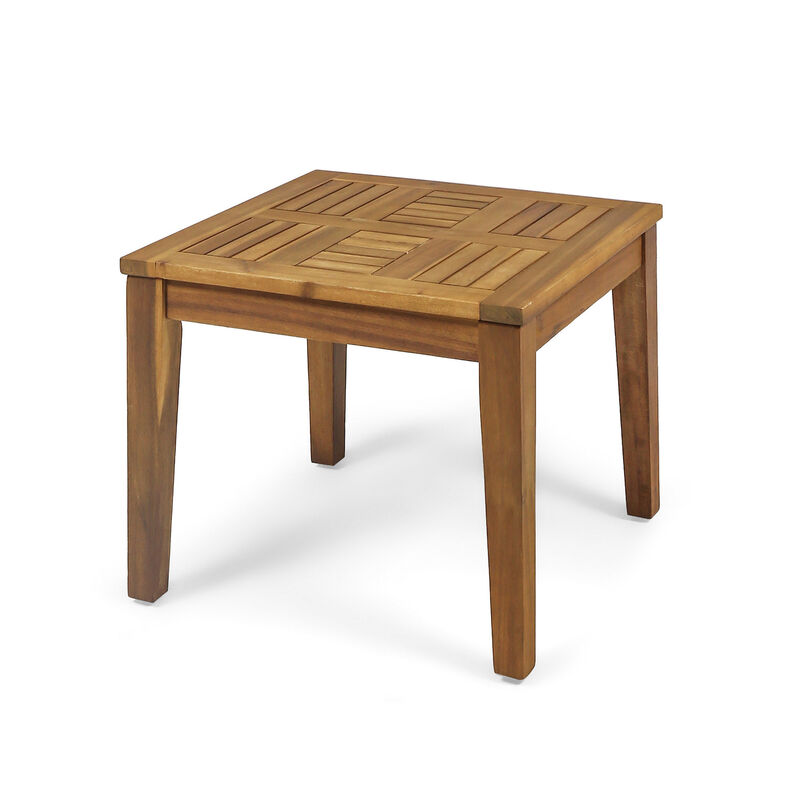 Bops Outdoor Side End Table, 20 Inch Square, Natural Brown Acacia Wood - Benzara