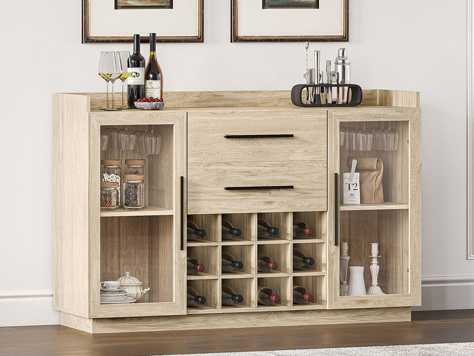 BELLEZE 55" Wine Cabinet, Sideboard Buffet with Wine Rack and Glass Holder, Home Coffee Bar Freestanding Liquor Cabinet with Display Glass Doors for Living Room, Dining Room - Marcel (White Lotus)