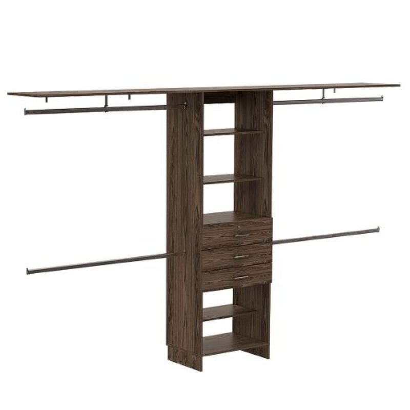 69" W - 118" W Drawers Closet System, Five Shelves, Four Hanging Rods, Three Drawers - Dark Walnut