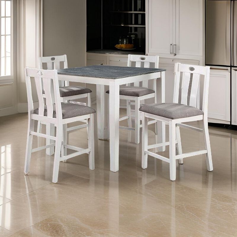 Helio 5 Piece Counter Height Dining Table and Chairs Set, White Wood, Gray - Benzara