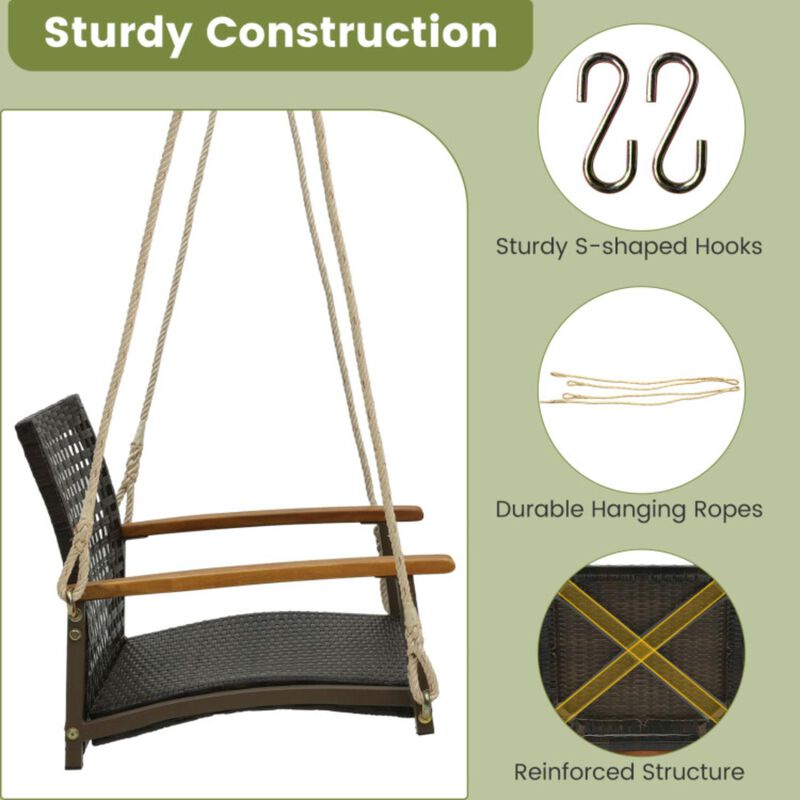 Hivvago Single Rattan Porch Swing with Armrests Cushion and Hanging Ropes-White
