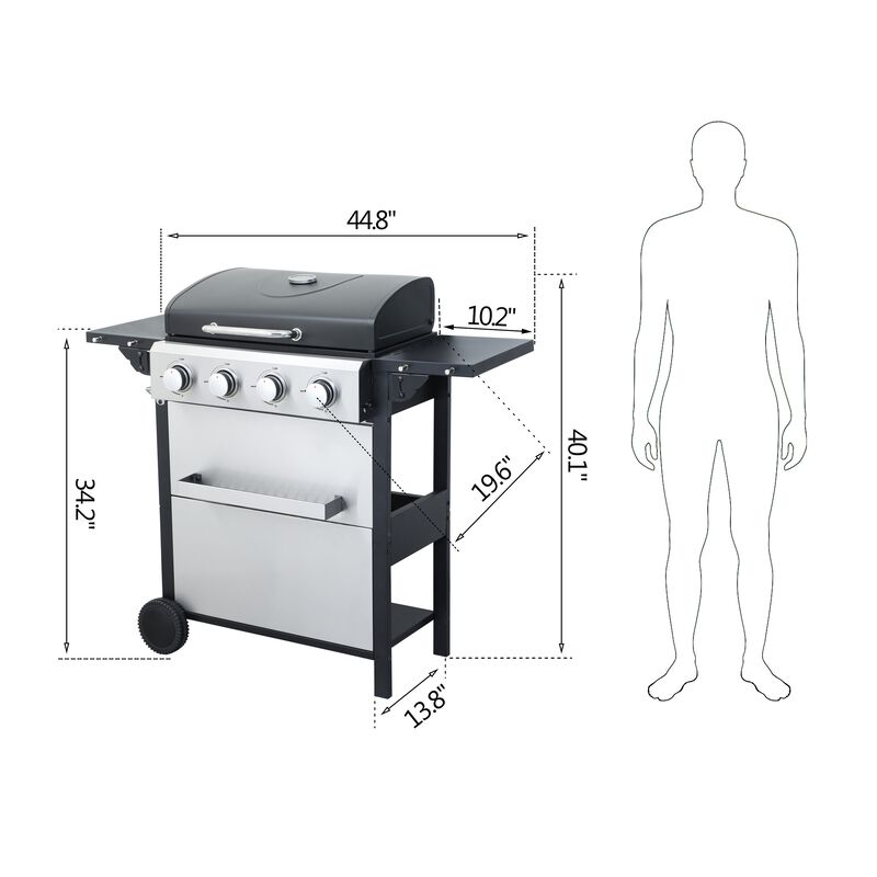 MONDAWE 4-Burner Propane Gas BBQ Grill, 34200BTU Output With Wire Enamel Cooking Grids For Outdoor Barbecue, Foldable Side Table, Hanging Basket, Stainless Steel