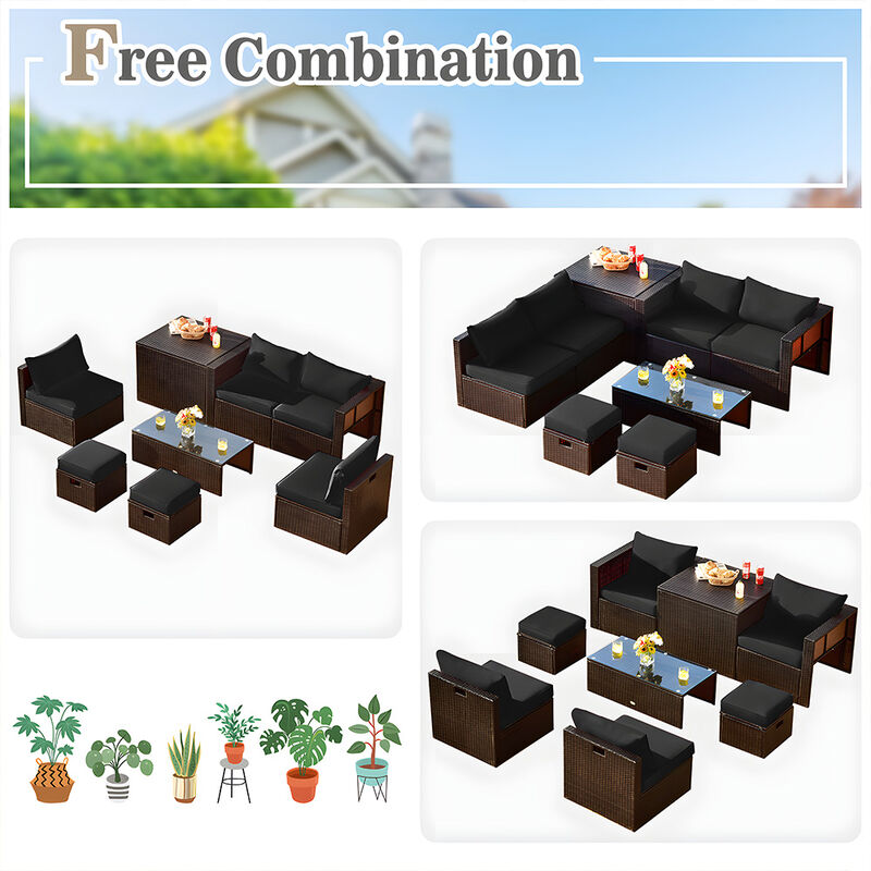 8 Pieces Patio Space-Saving Rattan Furniture Set with Storage Box and Waterproof Cover