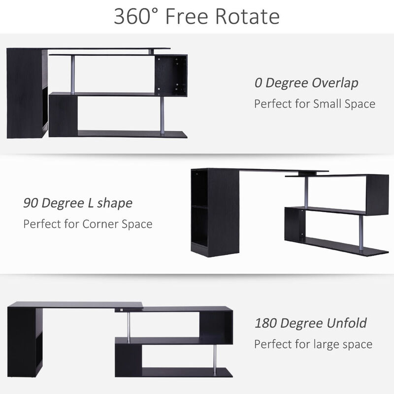 Black Corner Workstation: 55" 360° Rotating L-Shaped Computer Desk