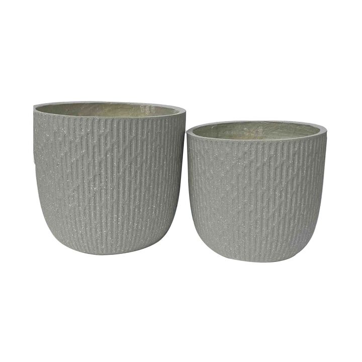14 Inch Planter Set of 2, Drum Shape, Engraved Design, Textured Green - Benzara