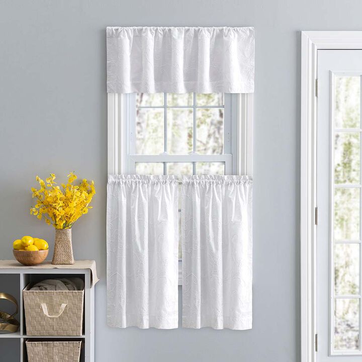 Ellis Eva Candlewick 1.5" Rod Pocket Floral High Quality Embroidery Tailored Tiers 56"x24" White