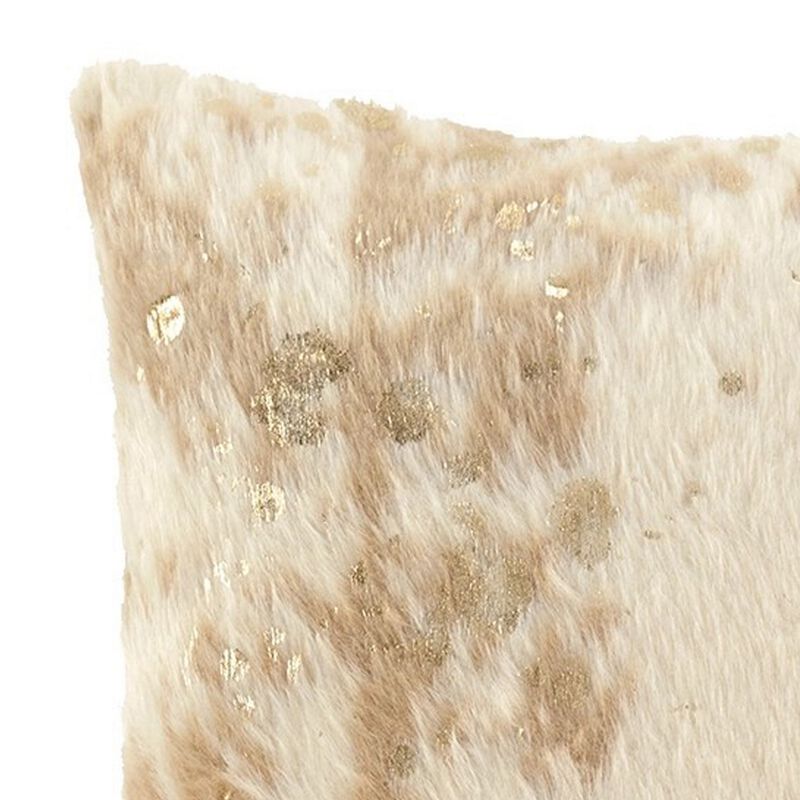 Faux Fur Pillow with Zipper Closure, Set of 4, Cream and Gold-Benzara