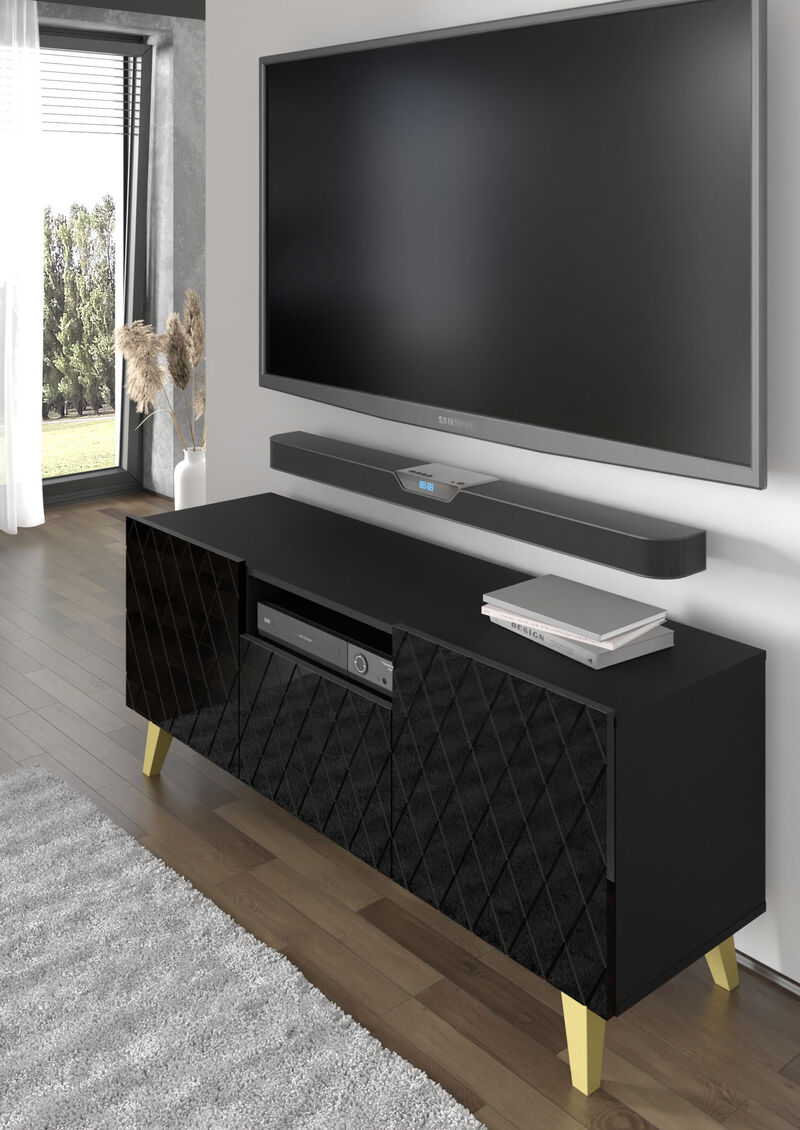 TV Stand DIUNA 3D 57'' Lowboard Milled MDF Fronts, Black High Gloss